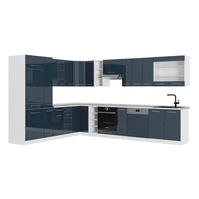 Vicco Fame-Line Eckküche Dunkelblau Hochglanz/Weiß 257 x 60 cm AP Marmor von Vicco