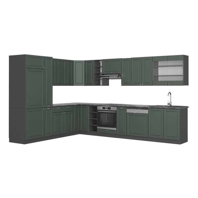 Vicco Fame-Line Eckküche Grün-Gold Landhaus/Anthrazit 347 x 257 cm ohne Arbeitsplatte von Vicco