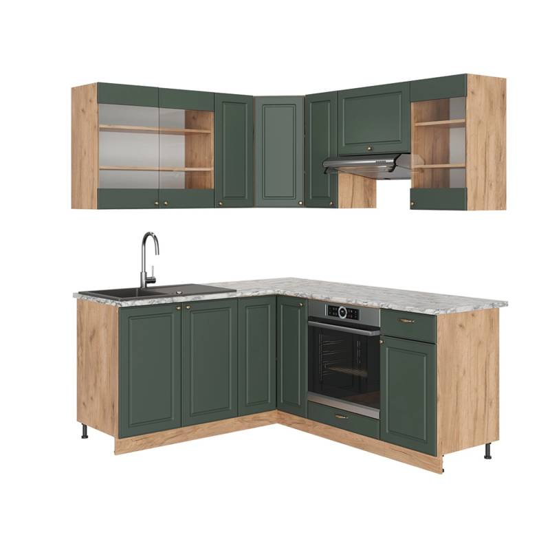 Vicco Fame-Line Eckküche Grün-Gold Landhaus/Goldkraft Eiche 160 x 190 cm AP Marmor von Vicco