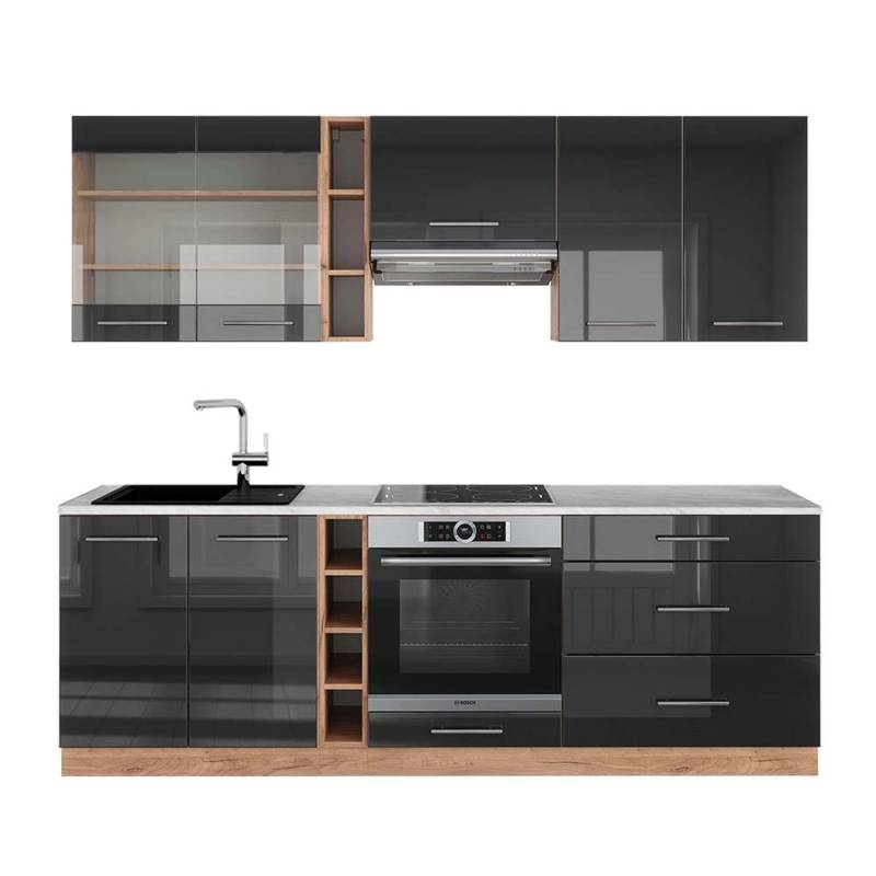 Vicco Fame-Line Küchenschränke Anthrazit Hochglanz/Goldkraft Eiche 235 cm AP Marmor von Vicco
