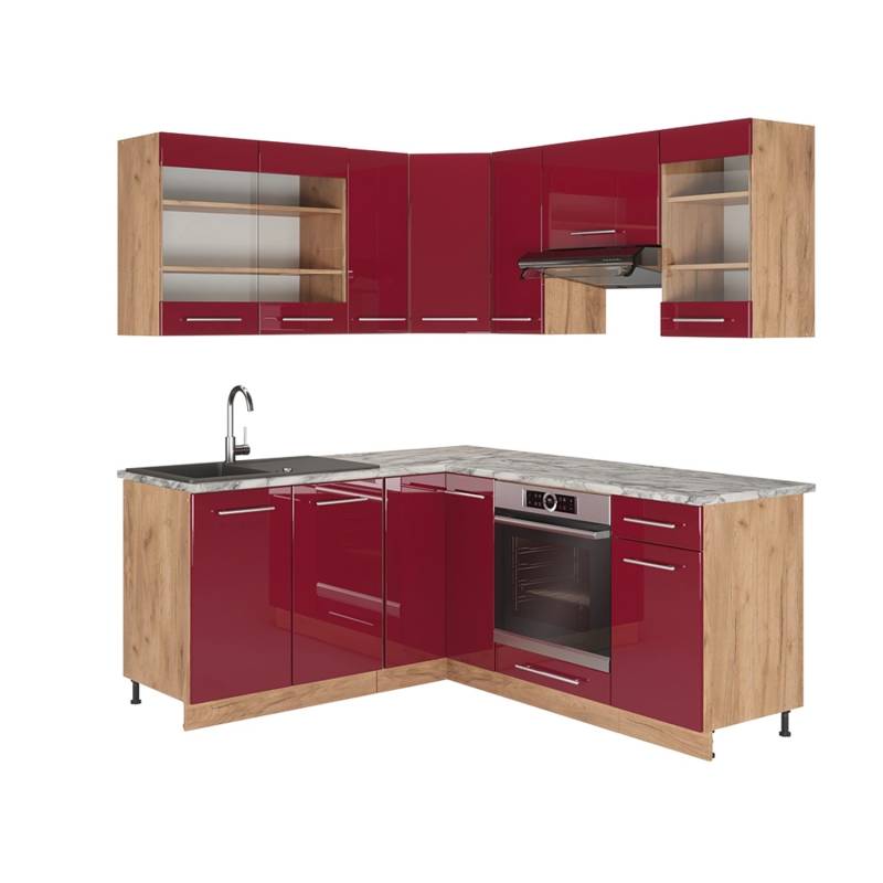 Vicco Fame-Line Küchenschränke Bordeaux Hochglanz/Goldkraft Eiche 160 x 190 cm AP Marmor von Vicco