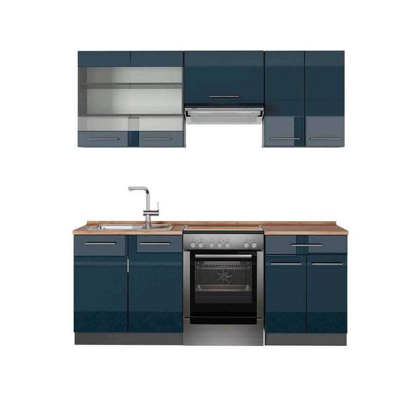 Vicco Fame-Line Küchenschränke Dunkelblau Hochglanz/Anthrazit 200 cm AP Eiche von Vicco