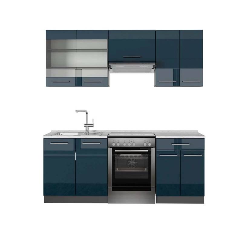 Vicco Fame-Line Küchenschränke Dunkelblau Hochglanz/Anthrazit 200 cm AP Marmor von Vicco