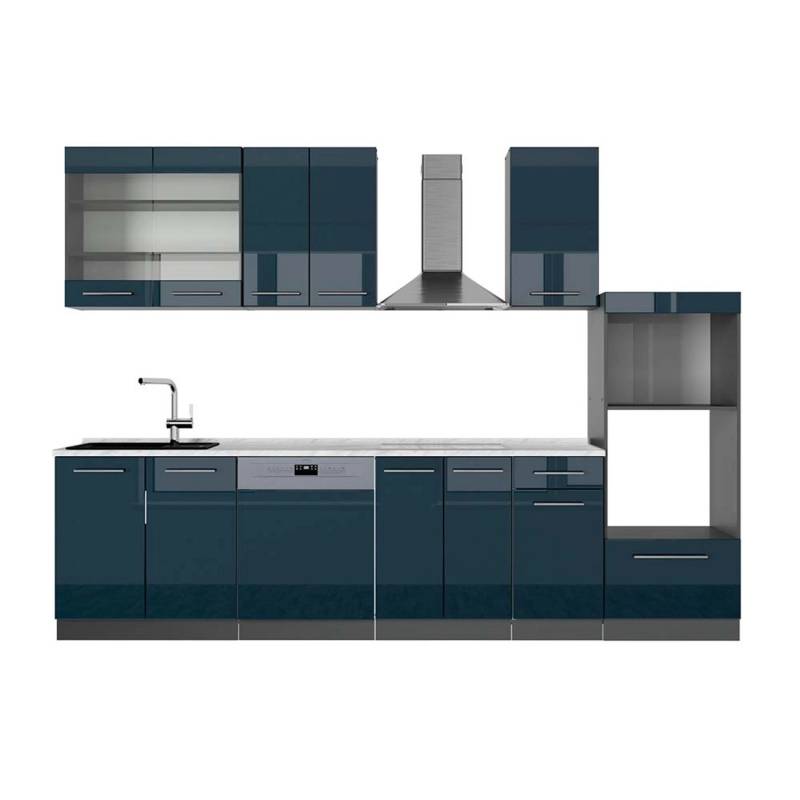 Vicco Fame-Line Küchenschränke Dunkelblau Hochglanz/Anthrazit 300 cm mit HochschrankAP Marmor von Vicco