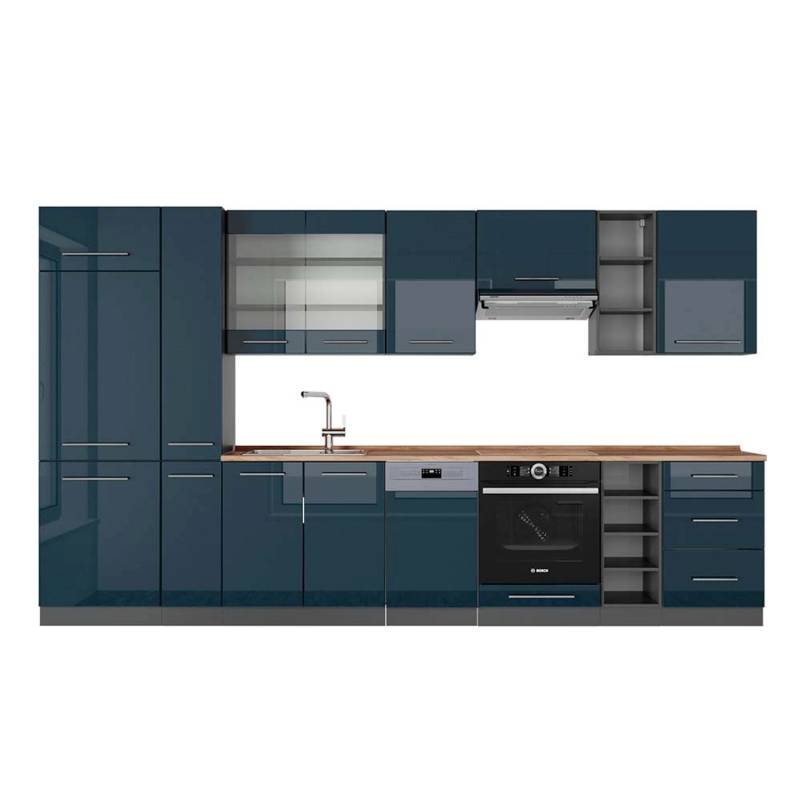 Vicco Fame-Line Küchenschränke Dunkelblau Hochglanz/Anthrazit 355 cm AP Eiche von Vicco