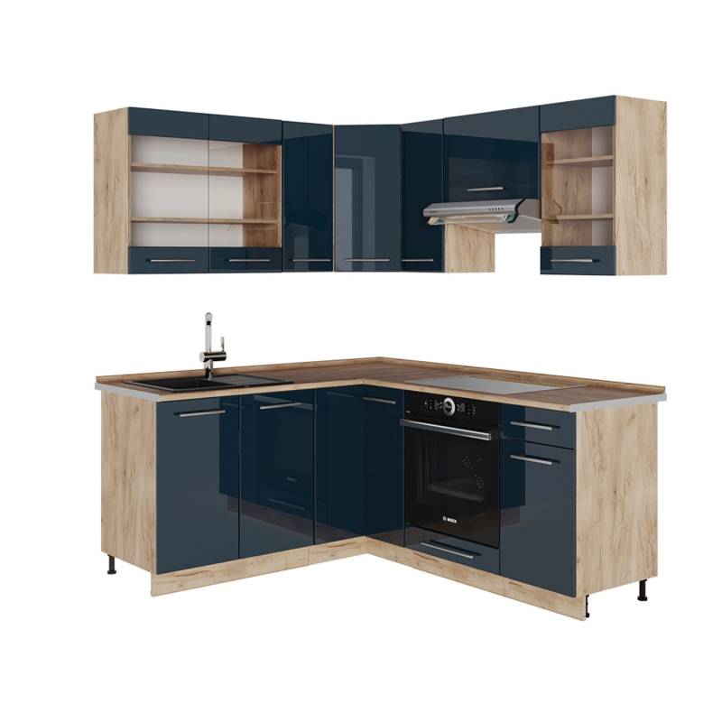 Vicco Fame-Line Küchenschränke Dunkelblau Hochglanz/Goldkraft Eiche 160 x 60 cm ohne Arbeitsplatte von Vicco
