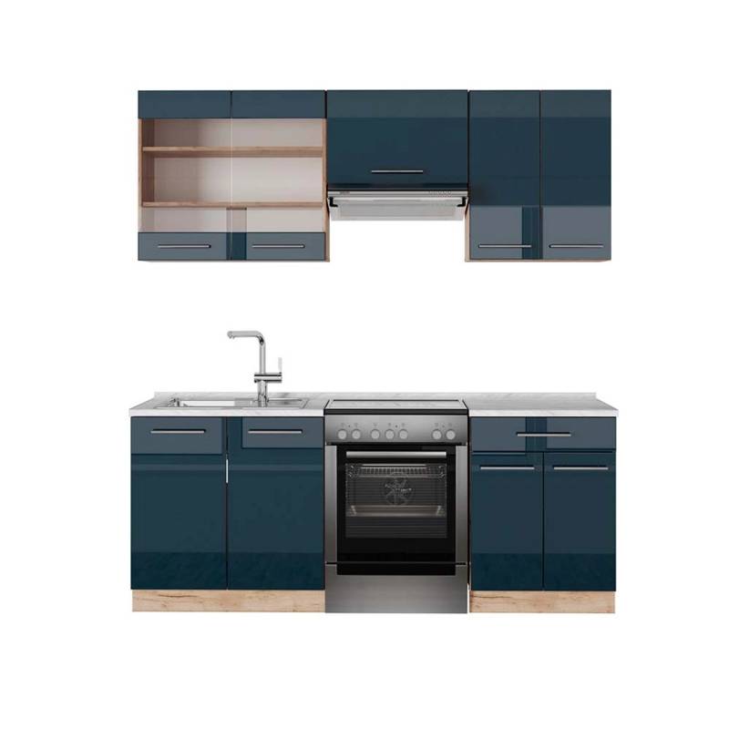 Vicco Fame-Line Küchenschränke Dunkelblau Hochglanz/Goldkraft Eiche 200 cm AP Marmor von Vicco