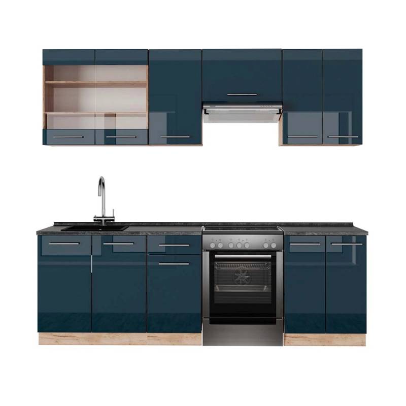 Vicco Fame-Line Küchenschränke Dunkelblau Hochglanz/Goldkraft Eiche 240 cm AP Anthrazit von Vicco