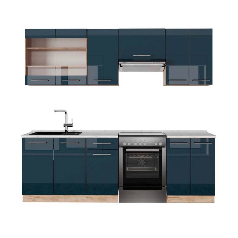 Vicco Fame-Line Küchenschränke Dunkelblau Hochglanz/Goldkraft Eiche 240 cm AP Marmor von Vicco