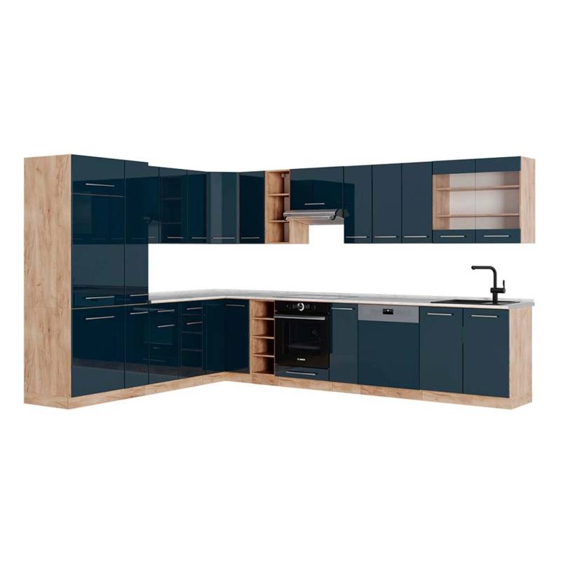 Vicco Fame-Line Küchenschränke Dunkelblau Hochglanz/Goldkraft Eiche 257 x 60 cm AP Marmor von Vicco