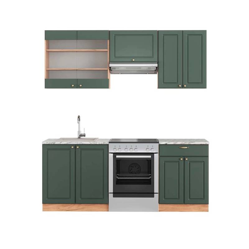 Vicco Fame-Line Küchenschränke Grün-Gold Landhaus/Goldkraft Eiche 200 cm AP Marmor von Vicco