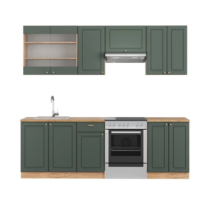 Vicco Fame-Line Küchenschränke Grün-Gold Landhaus/Goldkraft Eiche 240 cm ohne Arbeitsplatte von Vicco