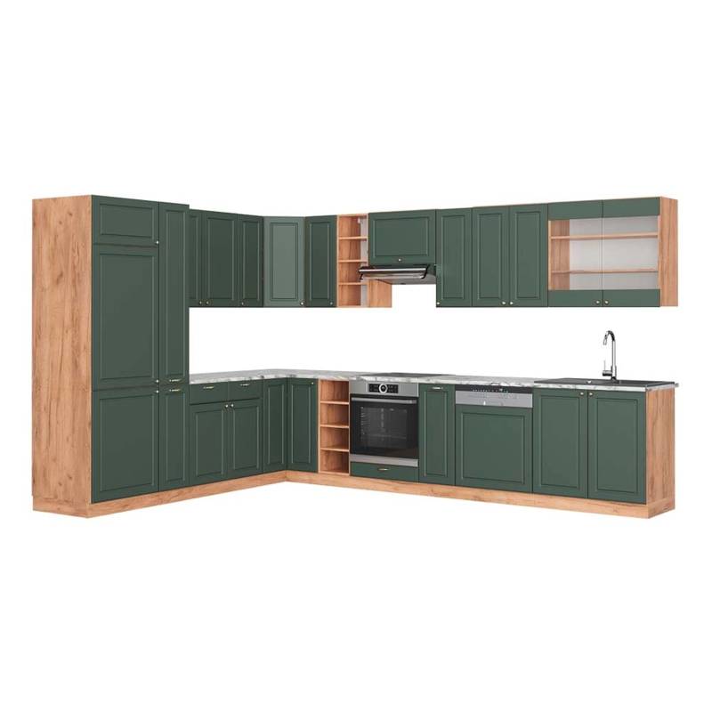 Vicco Fame-Line Küchenschränke Grün-Gold Landhaus/Goldkraft Eiche 347 x 257 cm AP Marmor von Vicco