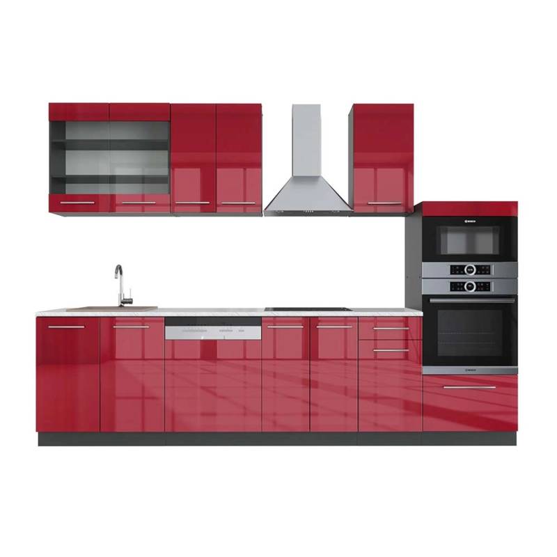 Vicco Fame-Line Küchenzeile Bordeaux Hochglanz/Anthrazit 300 cm mit HochschrankAP Marmor von Vicco