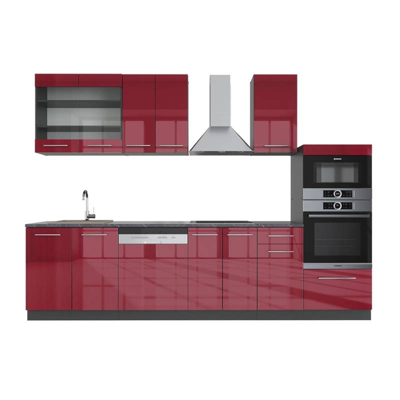Vicco Fame-Line Küchenzeile Bordeaux Hochglanz/Anthrazit 300 cm mit Hochschrankohne Arbeitsplatte von Vicco