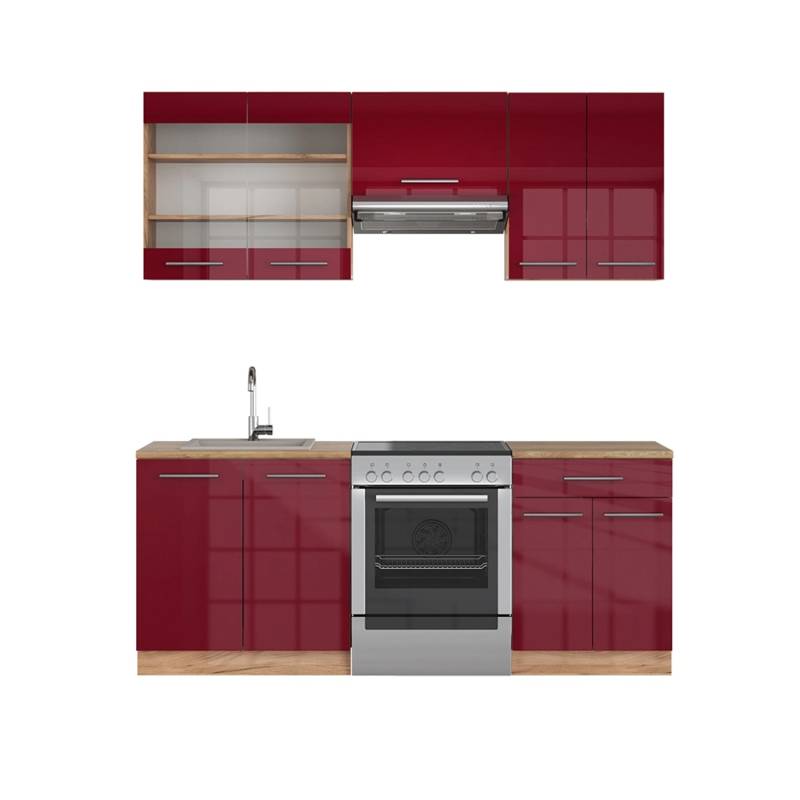 Vicco Fame-Line Küchenzeile Bordeaux Hochglanz/Goldkraft Eiche 200 cm AP Eiche von Vicco