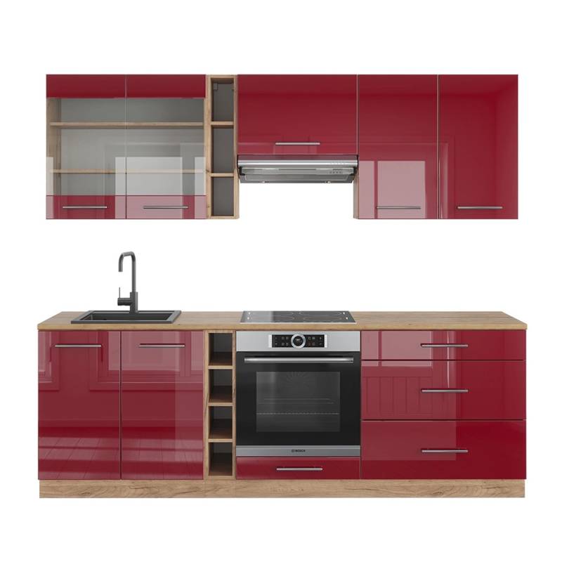 Vicco Fame-Line Küchenzeile Bordeaux Hochglanz/Goldkraft Eiche 235 cm AP Eiche von Vicco