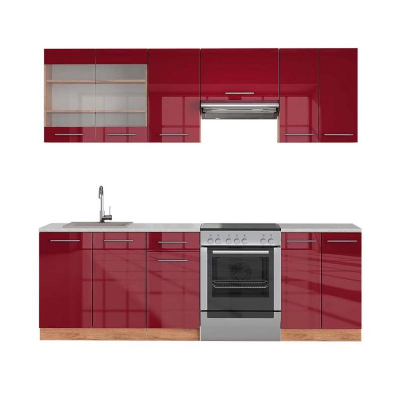 Vicco Fame-Line Küchenzeile Bordeaux Hochglanz/Goldkraft Eiche 240 cm AP Marmor von Vicco