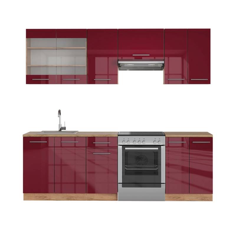 Vicco Fame-Line Küchenzeile Bordeaux Hochglanz/Goldkraft Eiche 240 cm ohne Arbeitsplatte von Vicco