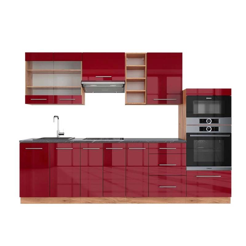 Vicco Fame-Line Küchenzeile Bordeaux Hochglanz/Goldkraft Eiche 280 cm AP Anthrazit von Vicco