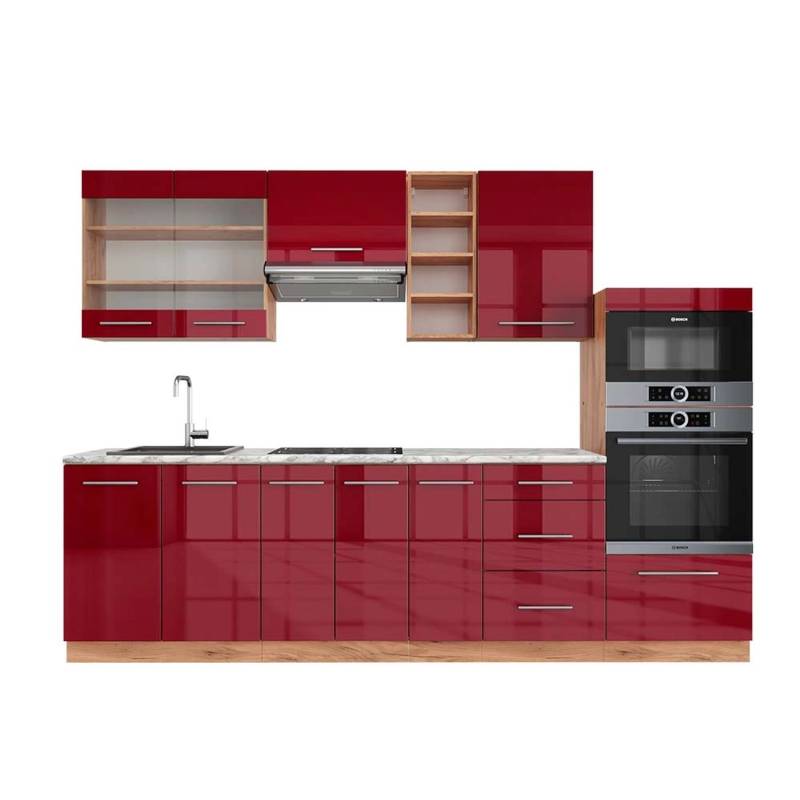 Vicco Fame-Line Küchenzeile Bordeaux Hochglanz/Goldkraft Eiche 280 cm AP Marmor von Vicco