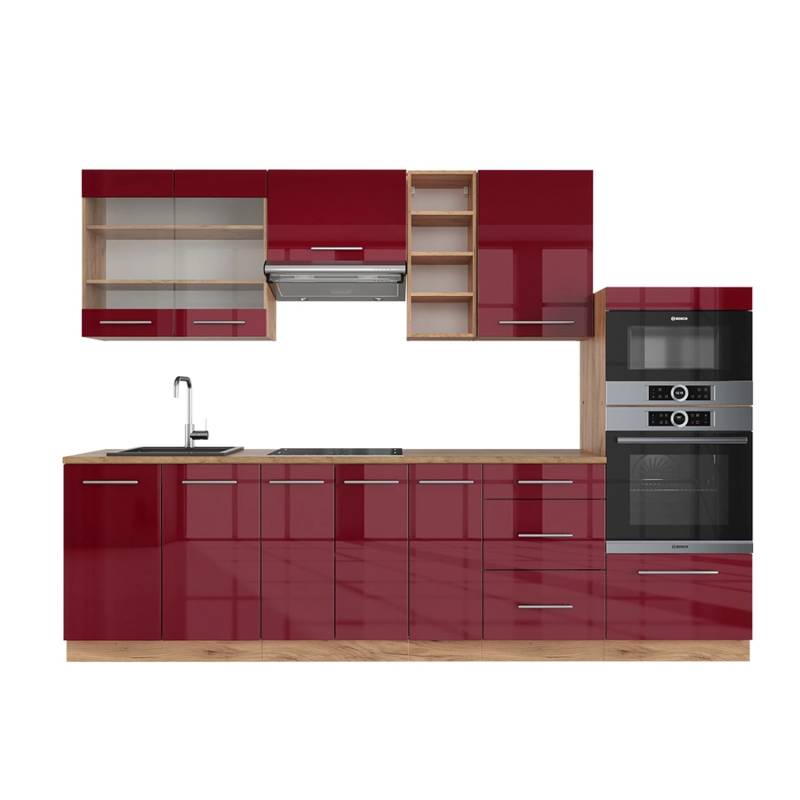 Vicco Fame-Line Küchenzeile Bordeaux Hochglanz/Goldkraft Eiche 280 cm ohne Arbeitsplatte von Vicco