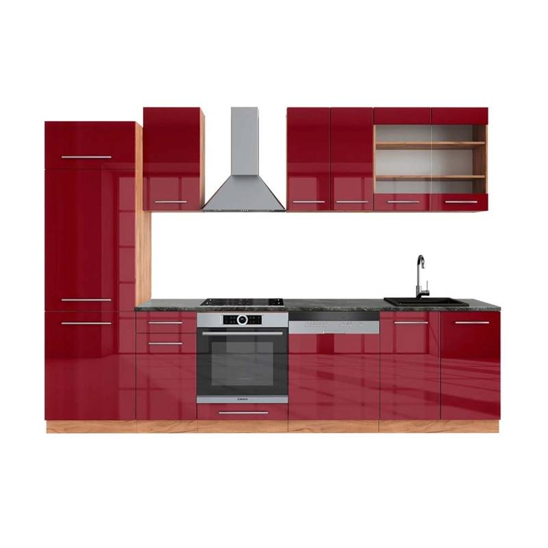 Vicco Fame-Line Küchenzeile Bordeaux Hochglanz/Goldkraft Eiche 300 cm AP Anthrazit von Vicco