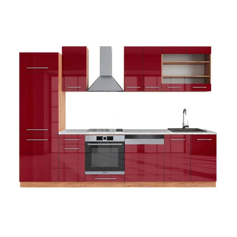 Vicco Fame-Line Küchenzeile Bordeaux Hochglanz/Goldkraft Eiche 300 cm AP Marmor von Vicco