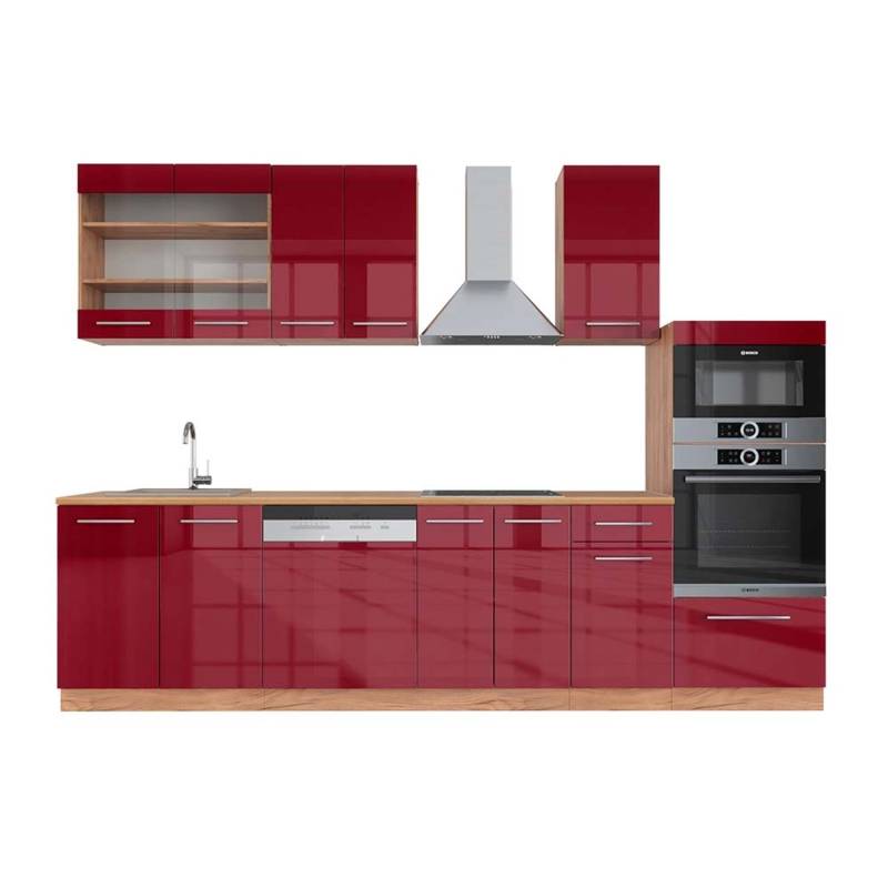 Vicco Fame-Line Küchenzeile Bordeaux Hochglanz/Goldkraft Eiche 300 cm mit HochschrankAP Eiche von Vicco