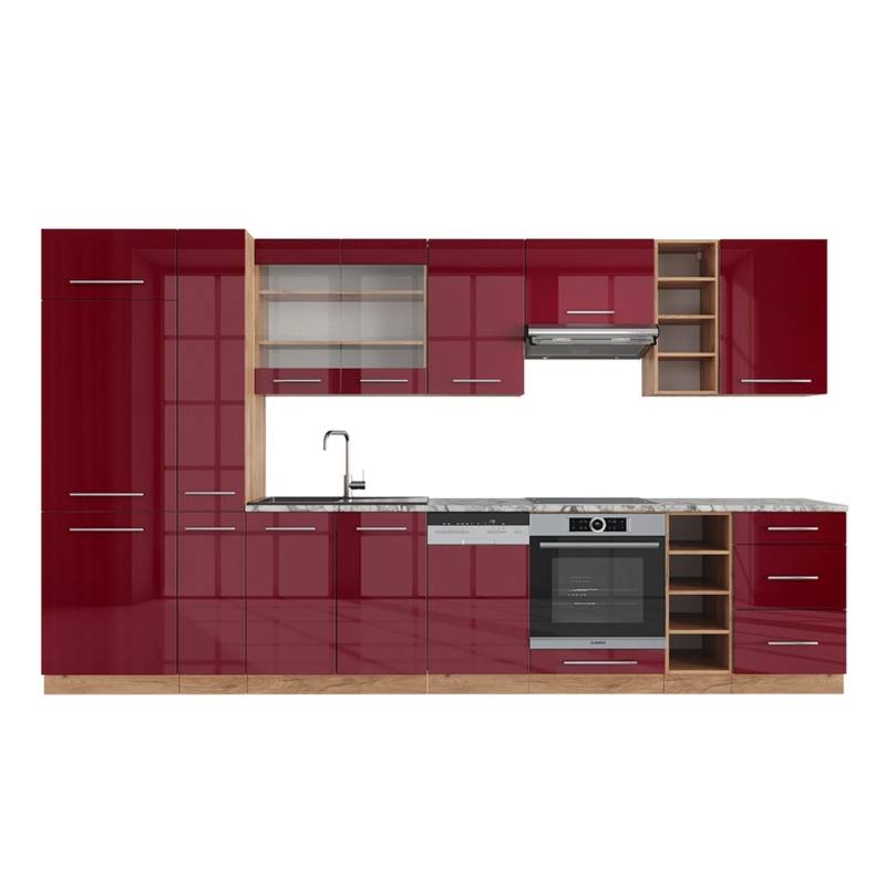 Vicco Fame-Line Küchenzeile Bordeaux Hochglanz/Goldkraft Eiche 355 cm ohne Arbeitsplatte von Vicco
