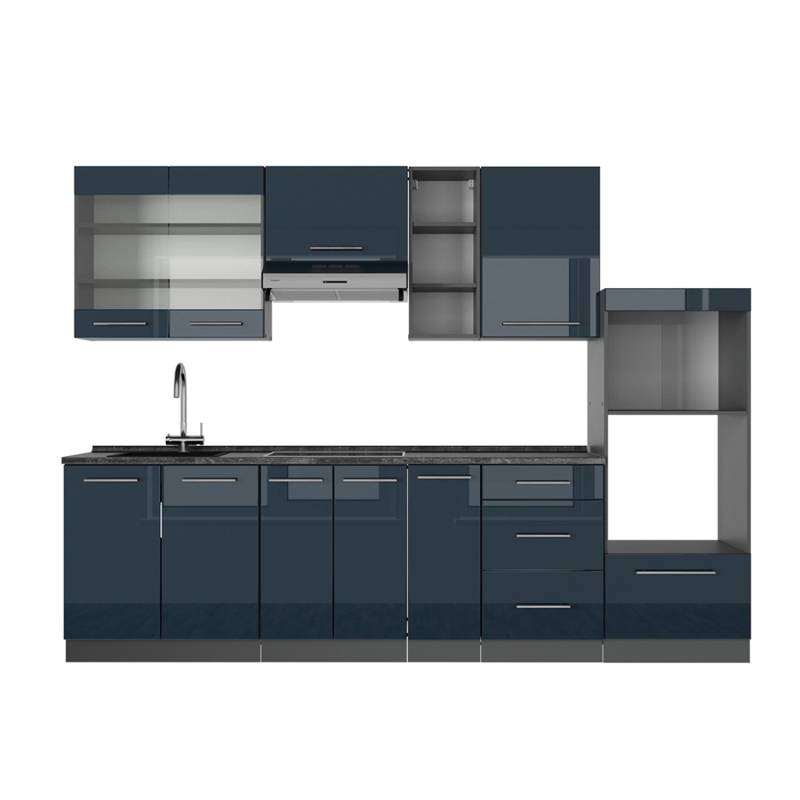 Vicco Fame-Line Küchenzeile Dunkelblau Hochglanz/Anthrazit 280 cm AP Anthrazit von Vicco