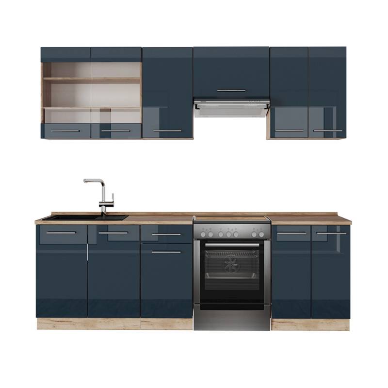 Vicco Fame-Line Küchenzeile Dunkelblau Hochglanz/Goldkraft Eiche 240 cm ohne Arbeitsplatte von Vicco