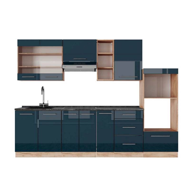 Vicco Fame-Line Küchenzeile Dunkelblau Hochglanz/Goldkraft Eiche 280 cm AP Anthrazit von Vicco