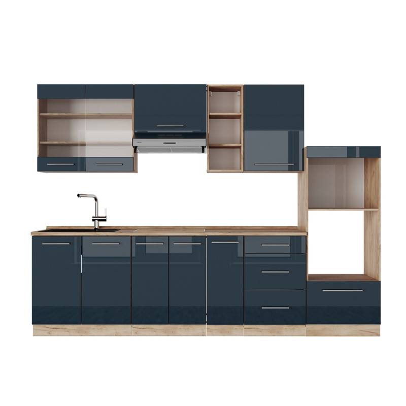 Vicco Fame-Line Küchenzeile Dunkelblau Hochglanz/Goldkraft Eiche 280 cm AP Eiche von Vicco