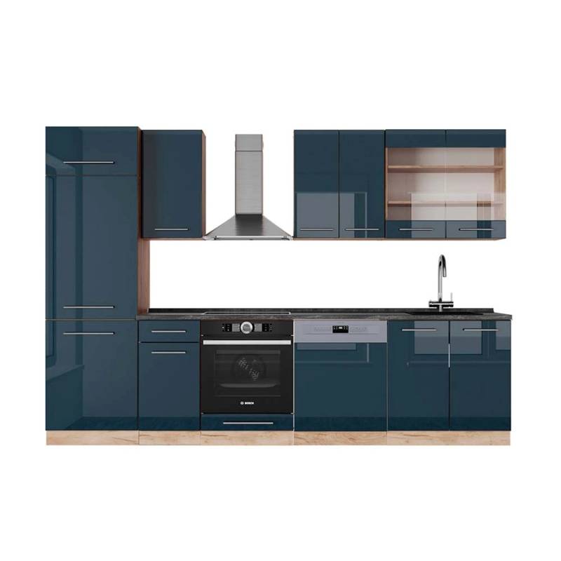Vicco Fame-Line Küchenzeile Dunkelblau Hochglanz/Goldkraft Eiche 300 cm AP Anthrazit von Vicco