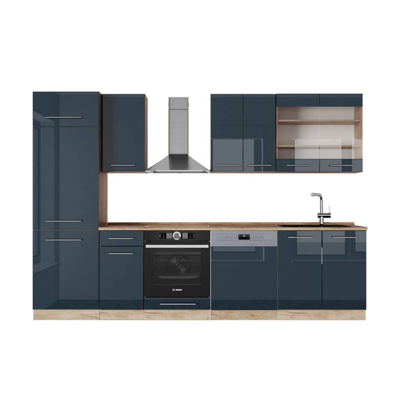 Vicco Fame-Line Küchenzeile Dunkelblau Hochglanz/Goldkraft Eiche 300 cm AP Eiche von Vicco