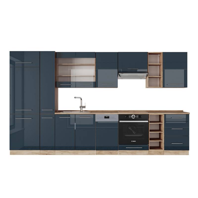 Vicco Fame-Line Küchenzeile Dunkelblau Hochglanz/Goldkraft Eiche 355 cm ohne Arbeitsplatte von Vicco