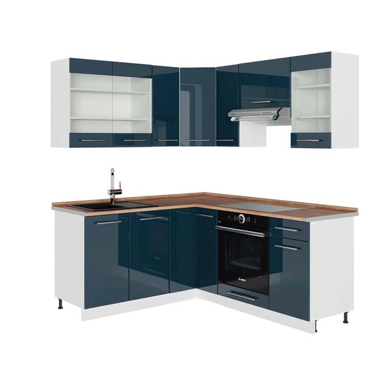 Vicco Fame-Line Küchenzeile Dunkelblau Hochglanz/Weiß 160.5 x 190 cm AP Eiche von Vicco