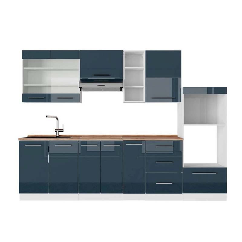 Vicco Fame-Line Küchenzeile Dunkelblau Hochglanz/Weiß 280 cm AP Eiche von Vicco