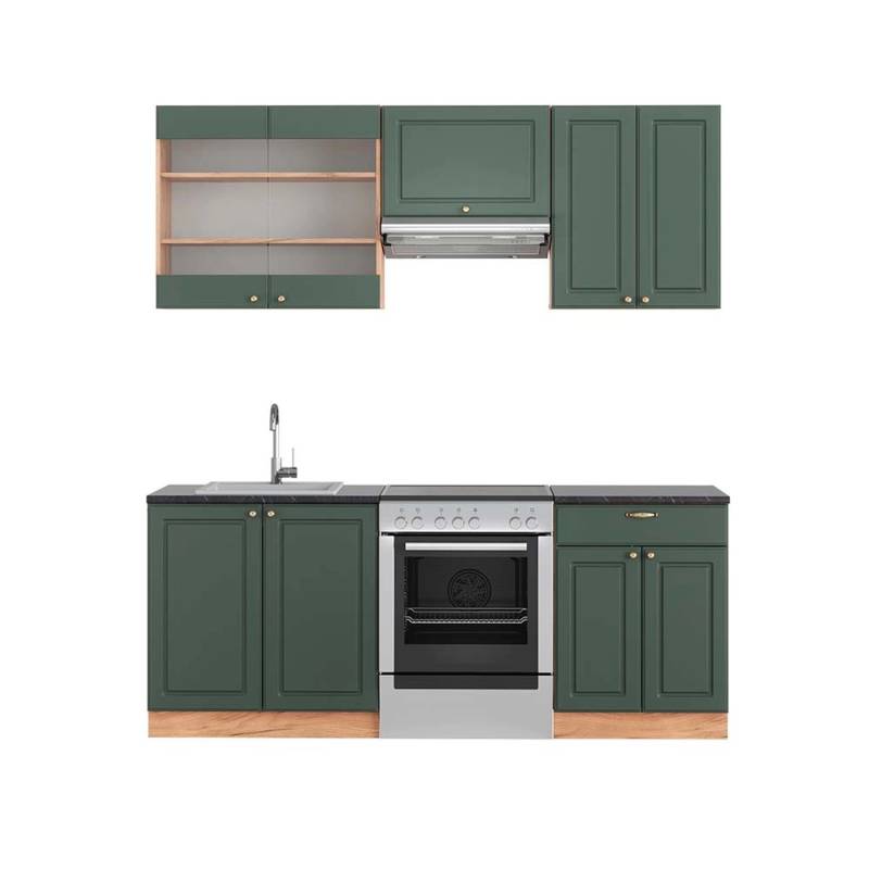 Vicco Fame-Line Küchenzeile Grün-Gold Landhaus/Goldkraft Eiche 200 cm AP Anthrazit von Vicco