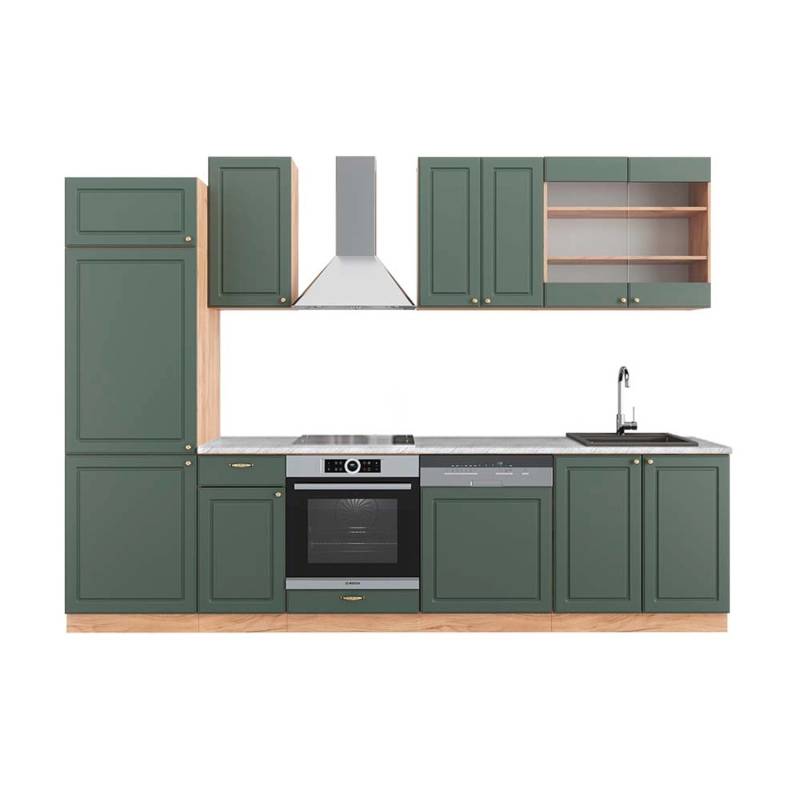 Vicco Fame-Line Küchenzeile Grün-Gold Landhaus/Goldkraft Eiche 300 cm AP Marmor von Vicco