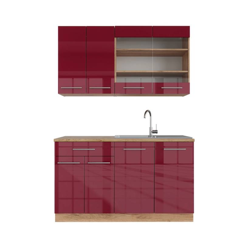 Vicco Fame-Line Singleküche Bordeaux Hochglanz/Goldkraft Eiche 140 cm AP Eiche von Vicco
