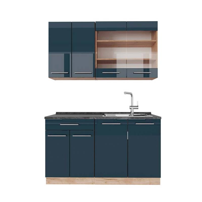 Vicco Fame-Line Singleküche Dunkelblau Hochglanz/Goldkraft Eiche 140 cm AP Anthrazit von Vicco