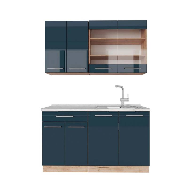 Vicco Fame-Line Singleküche Dunkelblau Hochglanz/Goldkraft Eiche 140 cm AP Marmor von Vicco