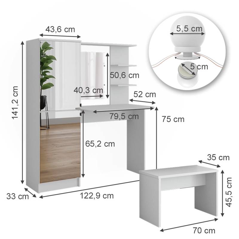 Vicco Frisierkommode  Jasmin Weiß 123 cm mit LED-Beleuchtung und Bank von Vicco