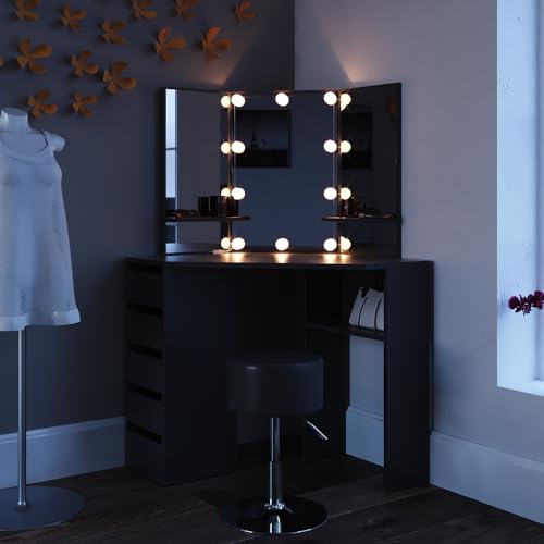Vicco Frisiertisch für die Ecke Arielle, Schwarz, 110 cm mit LED Beleuchtung und Hocker von Vicco