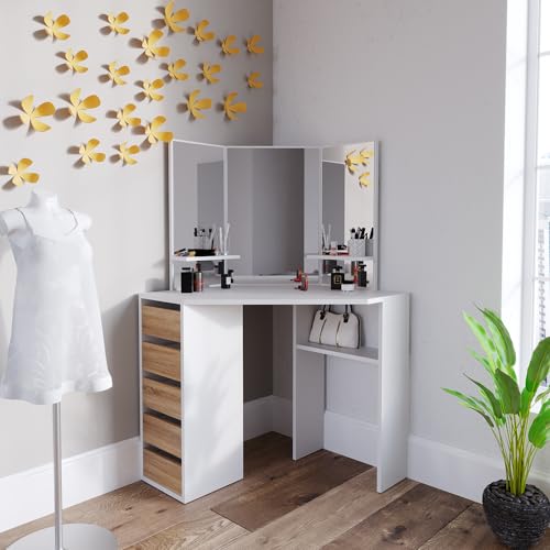 Vicco Frisiertisch für die Ecke Arielle, Kosmetiktisch mit Spiegel, Weiß/Sonoma/Sonoma, 110 cm Vicco Frisiertisch für die Ecke Arielle, Kosmetiktisch mit Spiegel, Weiß/Sonoma/Sonoma, 110 cm von Vicco