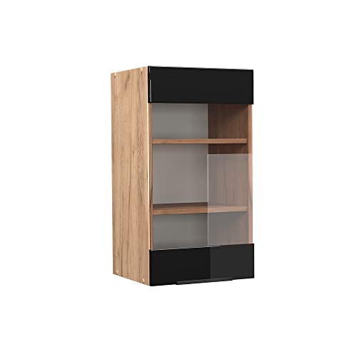 Vicco Küchenschrank Glas Fame-Line, Schwarz-Eiche Hochglanz/Goldkraft Eiche, 40 cm von Vicco