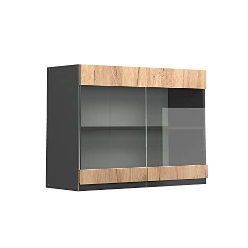 Vicco Küchenschrank Glas R-Line, Goldkraft Eiche/Anthrazit, 80 cm J-Shape von Vicco