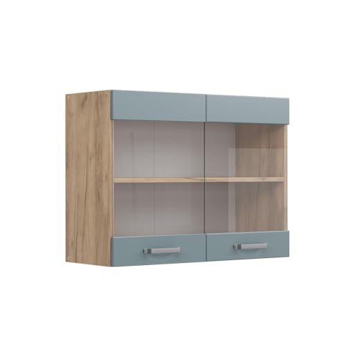 Vicco Küchenschrank Glas R-Line, Blau-Grau/Goldkraft Eiche, 80 cm von Vicco